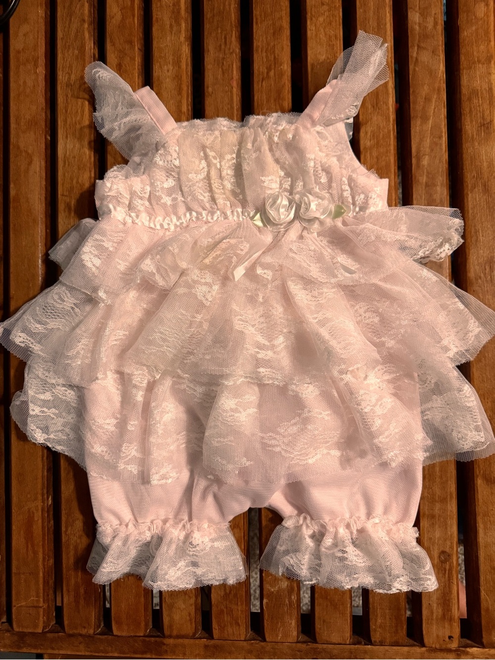 Vintage Pink Lace Ruffle Baby Bloomers Romper
